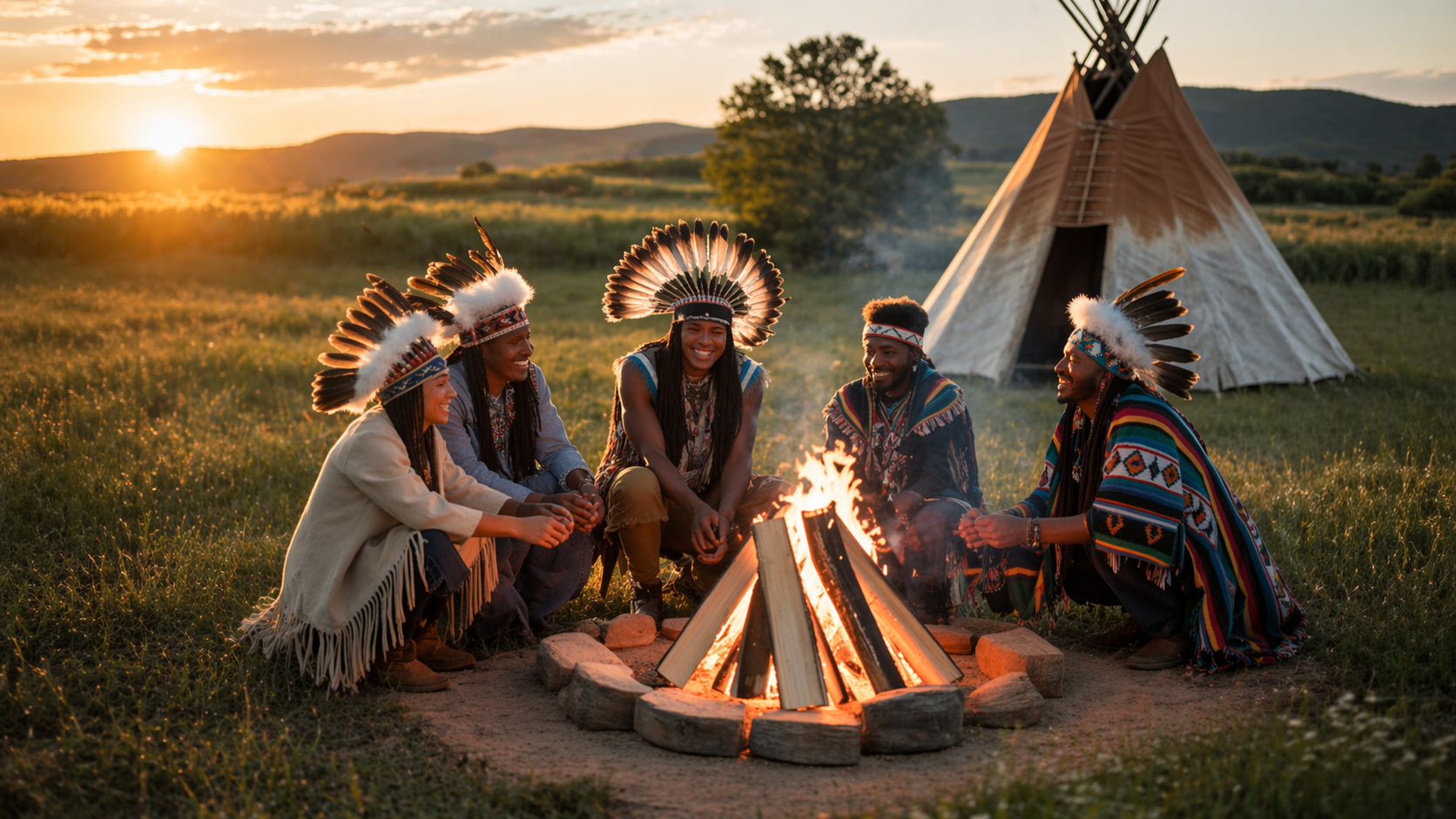 Indigenous community gathered around a ceremonial fire at sunset